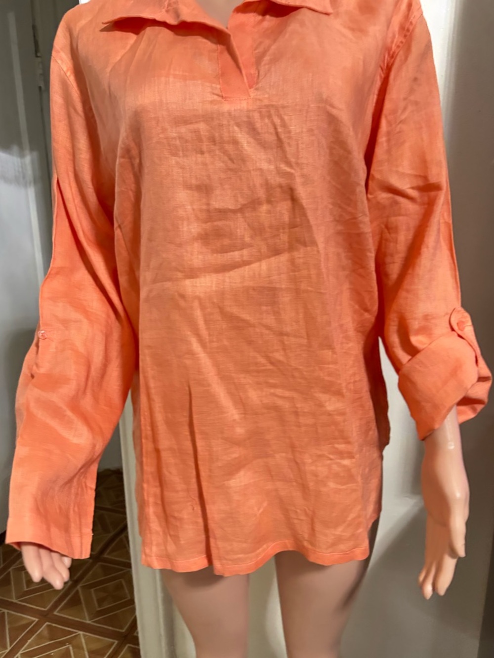 ISLAND IMPORTER Women's Orange Collared V-Neck Blouse 100% linen - Picture 6 of 13